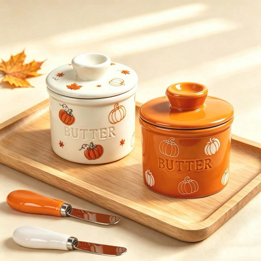 Pumpkin Ceramic Butter Crock with Lid and Spreader