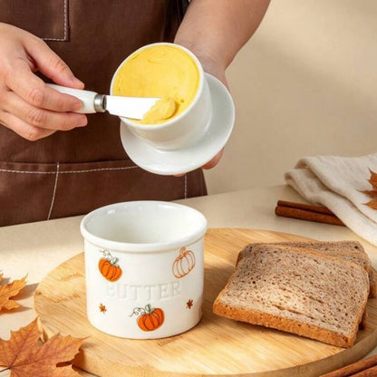 Pumpkin Ceramic Butter Crock with Lid and Spreader
