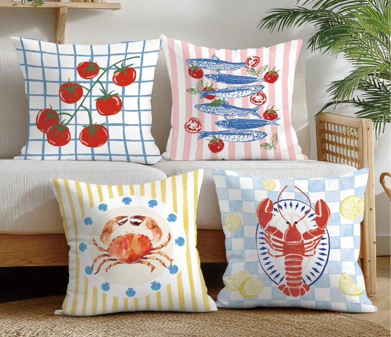 Nautical Seafood Illustration Cushion Cover Set