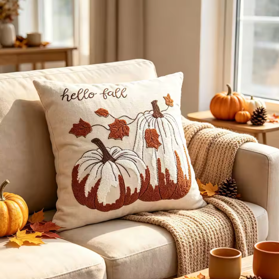 Design B: Hello Fall triple pumpkin embroidered pillow cover with rust maple leaves - lifestyle shot on cream sofa