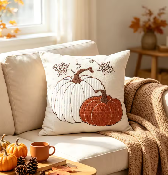Design A: Single embroidered pumpkin with vine and maple leaf accents on cream pillow cover - lifestyle shot on cream sofa