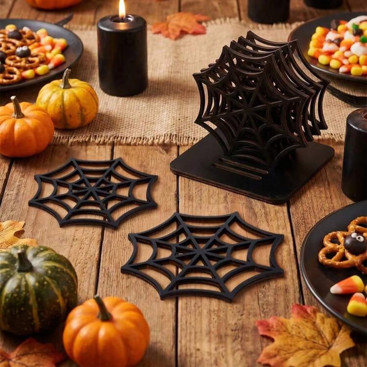 Halloween Spider Web Coasters | Black Spooky Drink Coasters