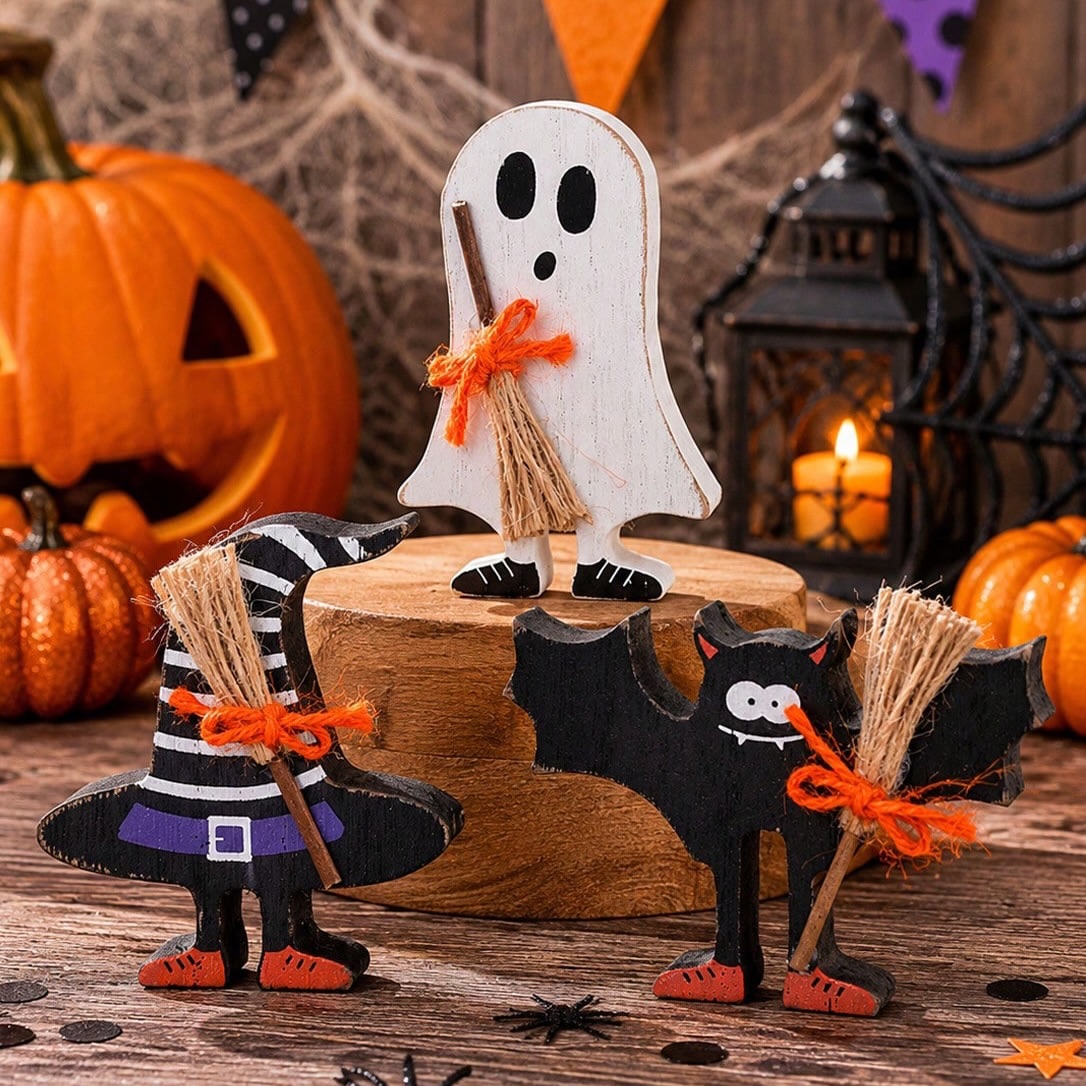 3-Piece Halloween Wooden Decorations | Ghost, Witch & Bat Set