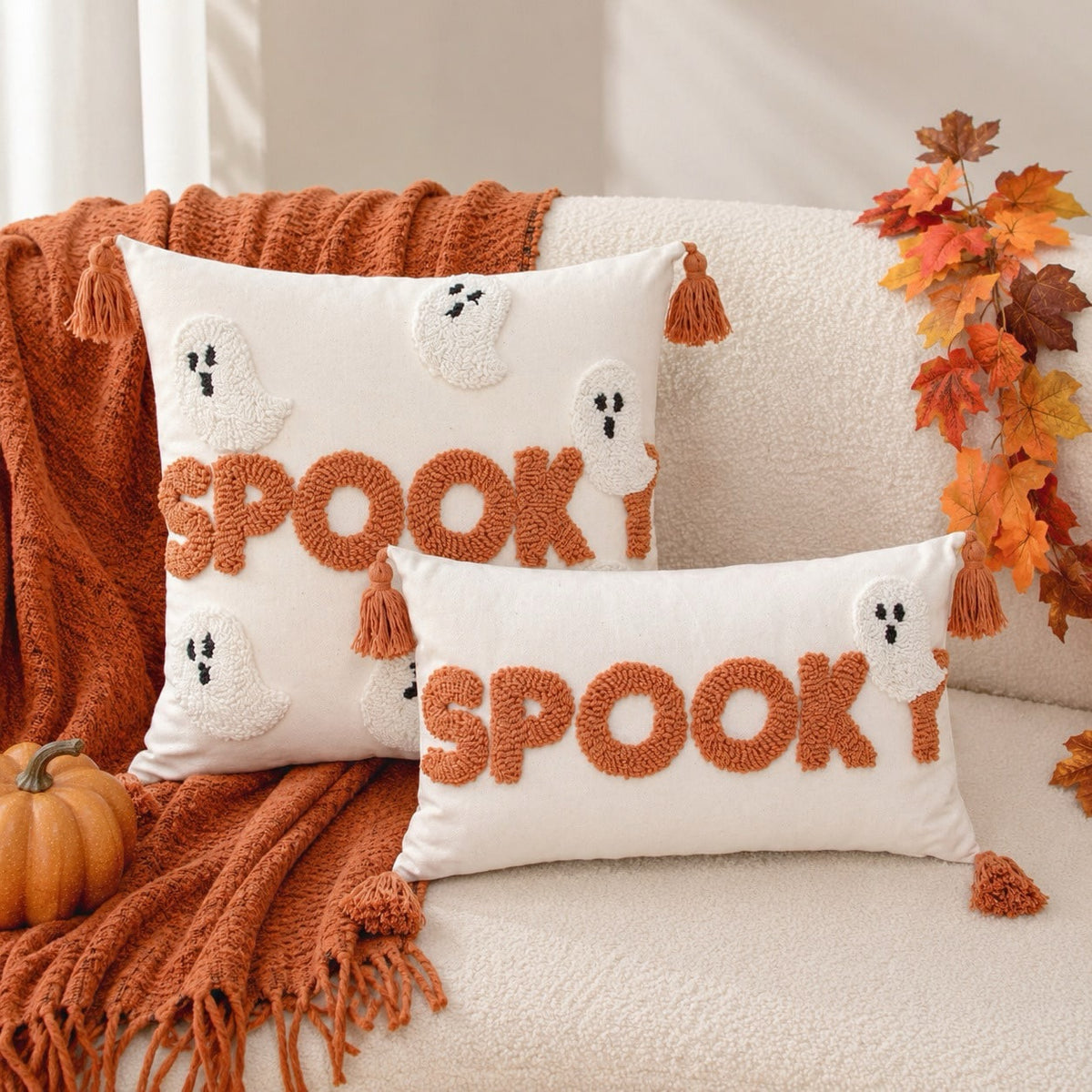 Spooky Ghost Halloween Cushion Cover | Orange Tufted Pillow