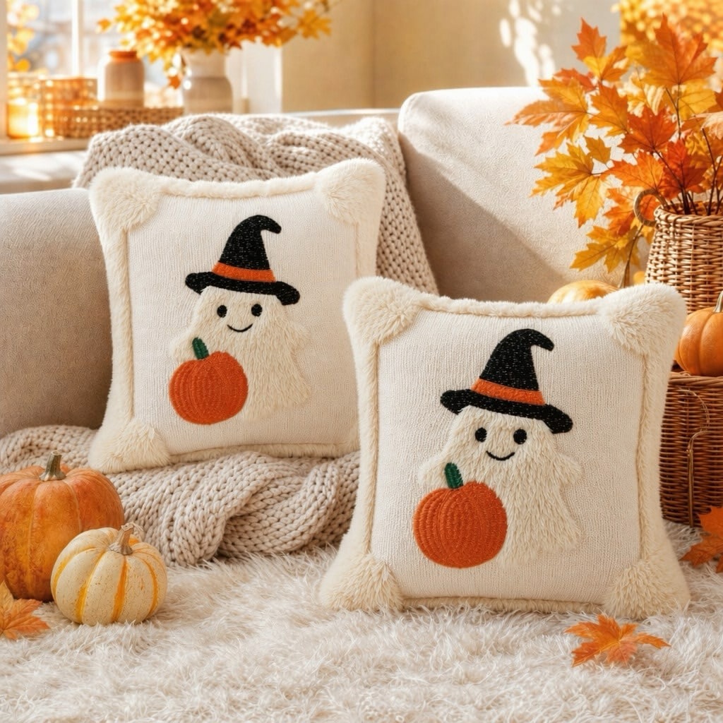 Halloween Ghost & Pumpkin Cushion Cover | Witch Hat Pillow