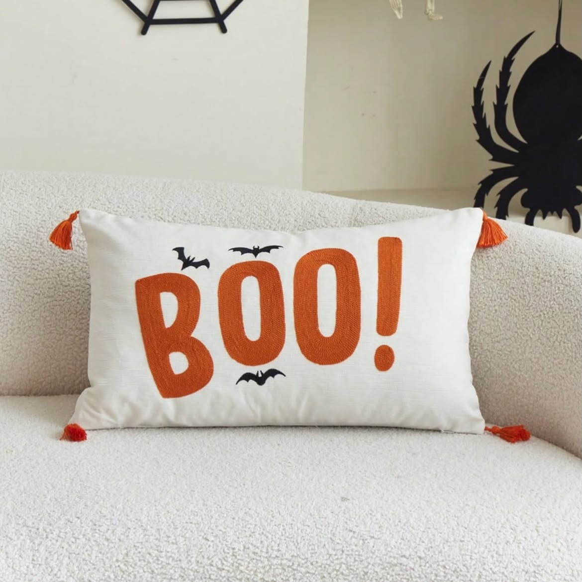 Halloween BOO Embroidered Cushion with Tassels