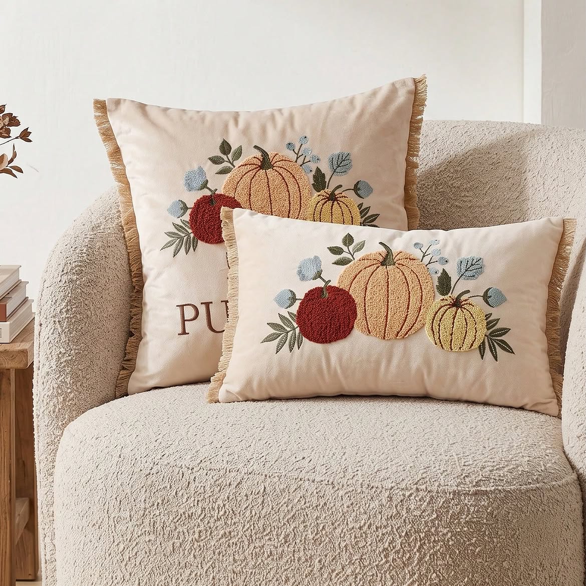 Pumpkin trio tufted embroidered cushion covers in cream canvas with golden fringe trim - square and lumbar sizes on cream boucle armchair