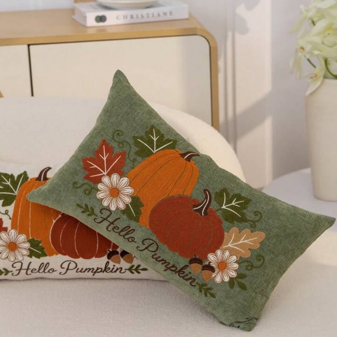 Hello Pumpkin embroidered cushion covers in sage green - square and lumbar sizes on white surface with dresser background