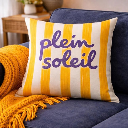 Yellow striped Plein Soleil decorative cushion cover with Mediterranean summer design