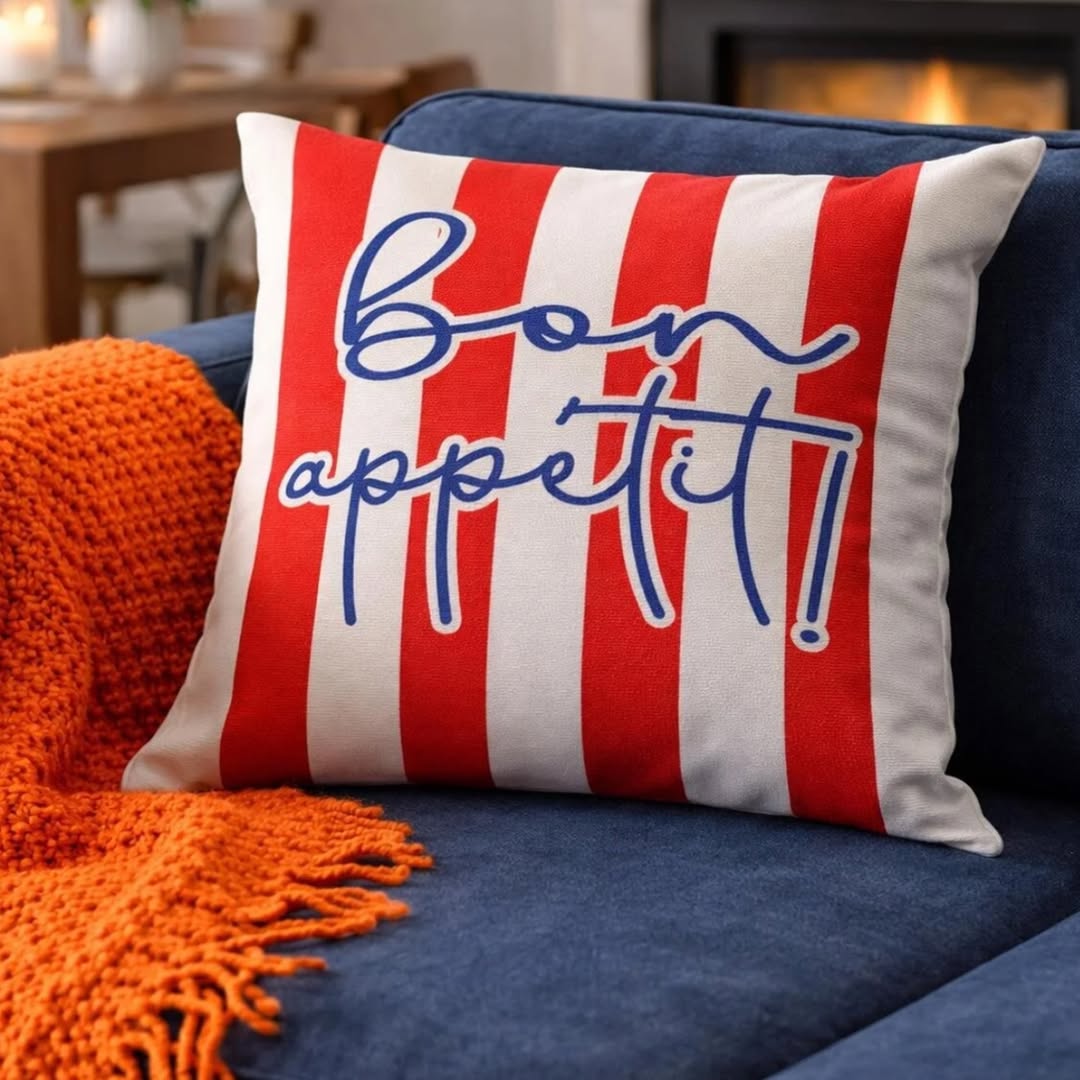 Red striped Bon Appétit pillow cover for French Riviera inspired home decor