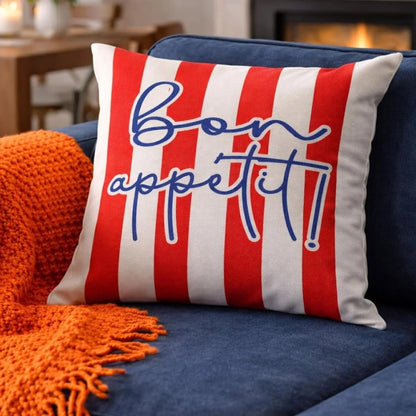Red striped Bon Appétit pillow cover for French Riviera inspired home decor