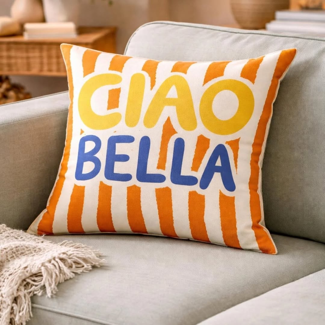 Orange striped Ciao Bella decorative pillow cover inspired by Italian summer decor
