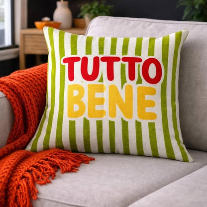 Tutto Bene decorative pillow cover with green stripes and colorful Italian-inspired typography 