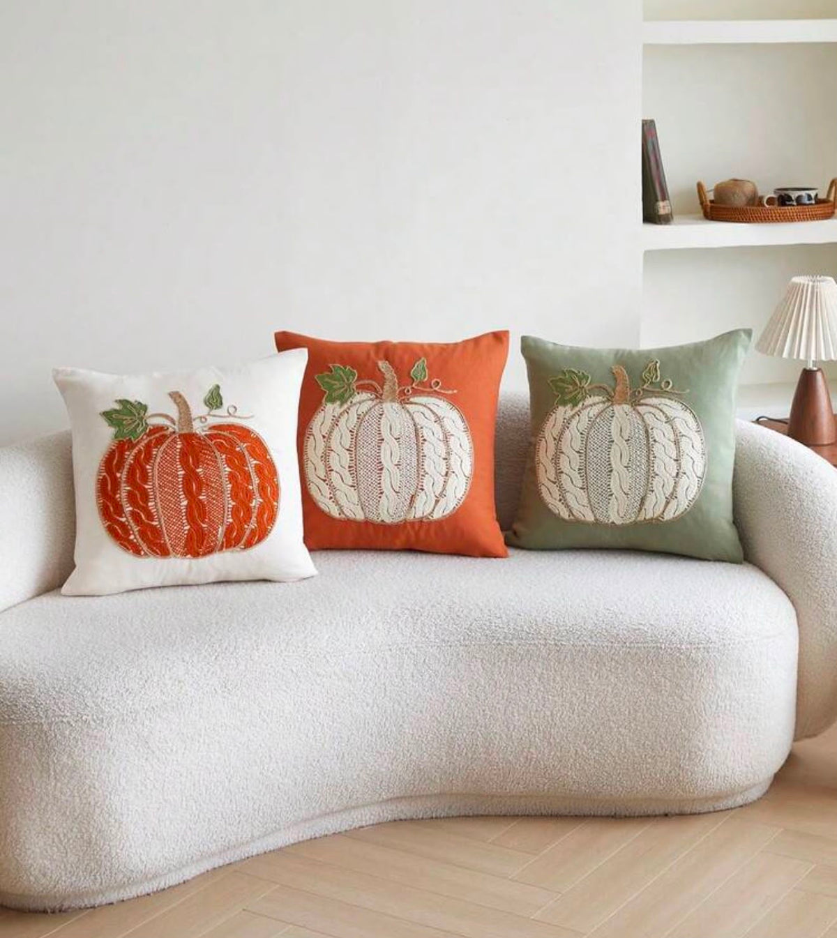 Knitted Pumpkin Embroidered Fall Pillow Cover | Autumn Harvest Décor