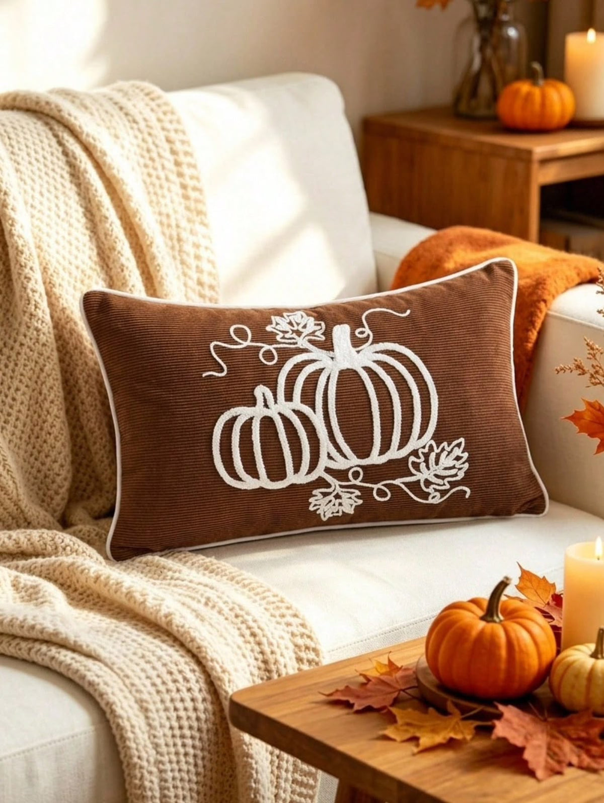 Embroidered Pumpkin Outline Lumbar Pillow Covers