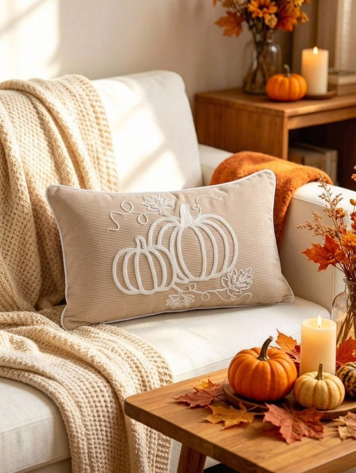 Embroidered Pumpkin Outline Lumbar Pillow Covers
