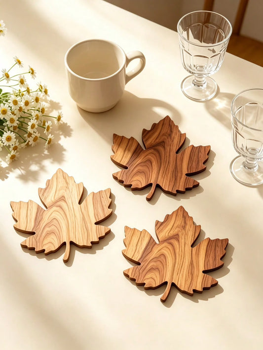4-Piece Wooden Maple Leaf Coaster Set