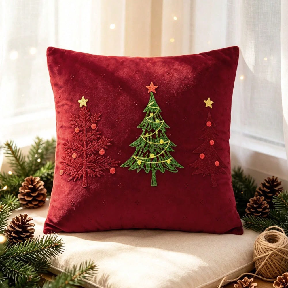 Red Velvet Christmas Tree Cushion Cover