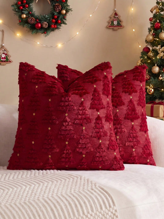 Textured Christmas Tree Cushion Cover with Gold Stars