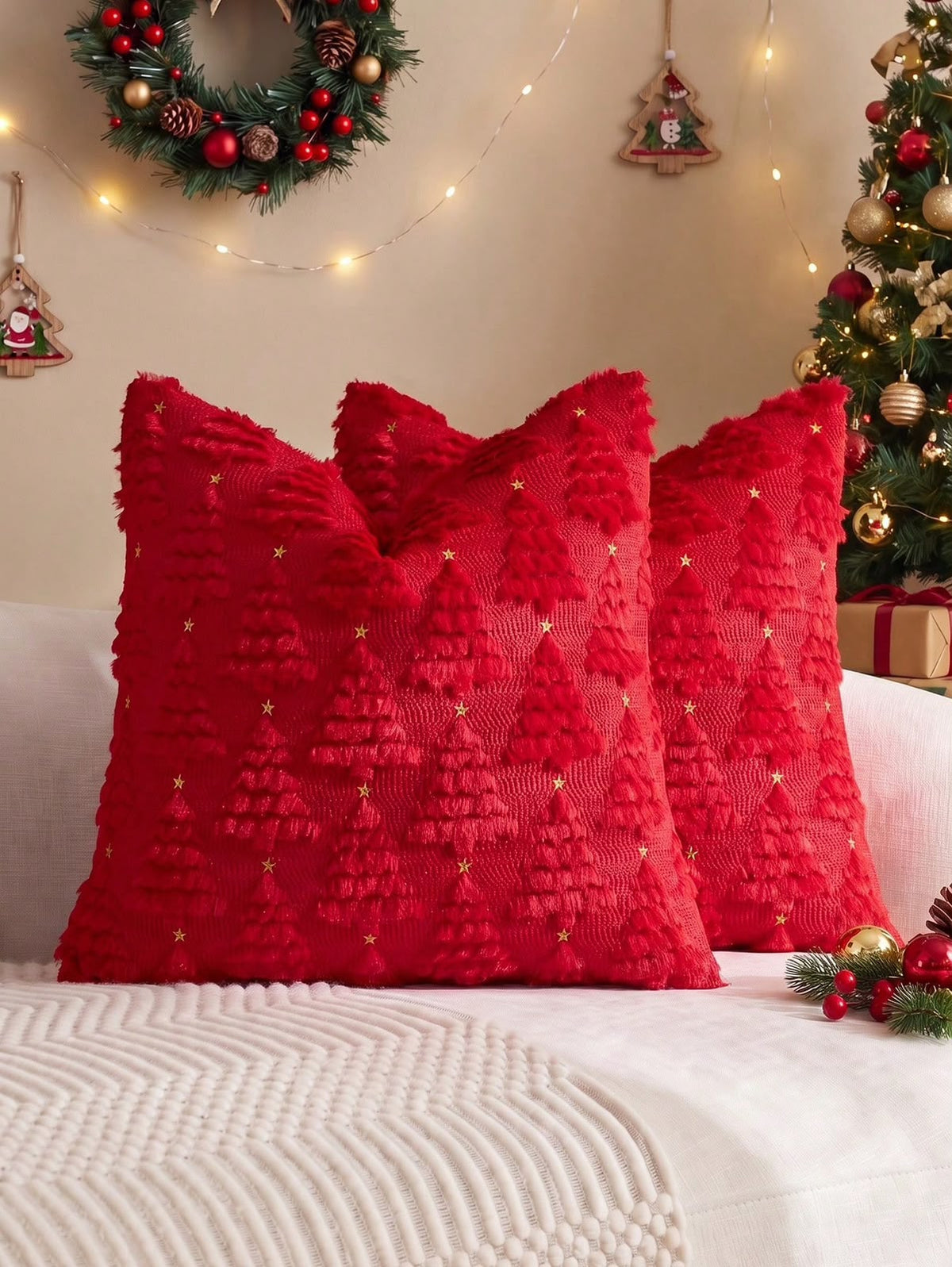 Textured Christmas Tree Cushion Cover with Gold Stars