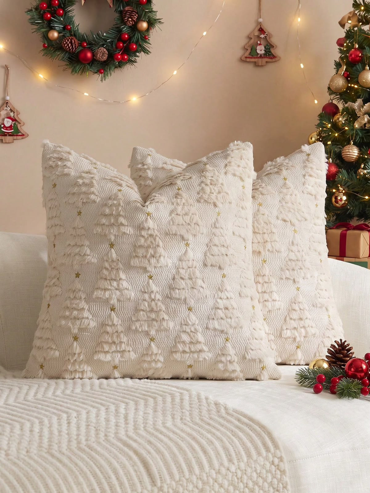 Textured Christmas Tree Cushion Cover with Gold Stars