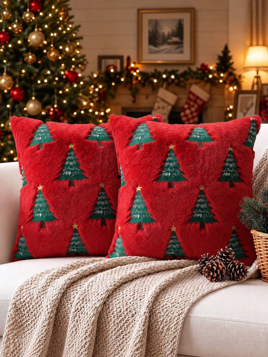 Fluffy Christmas Tree Cushion Cover | Red & White Variants
