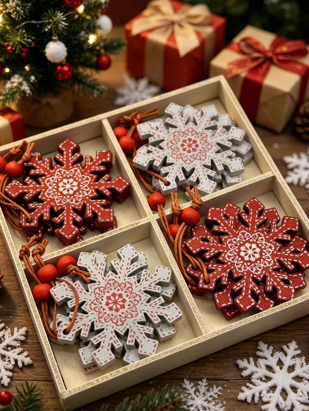 Christmas snowflake ornament set in divided gift box with red berries