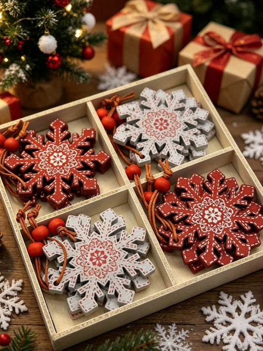 Christmas snowflake ornament set in divided gift box with red berries