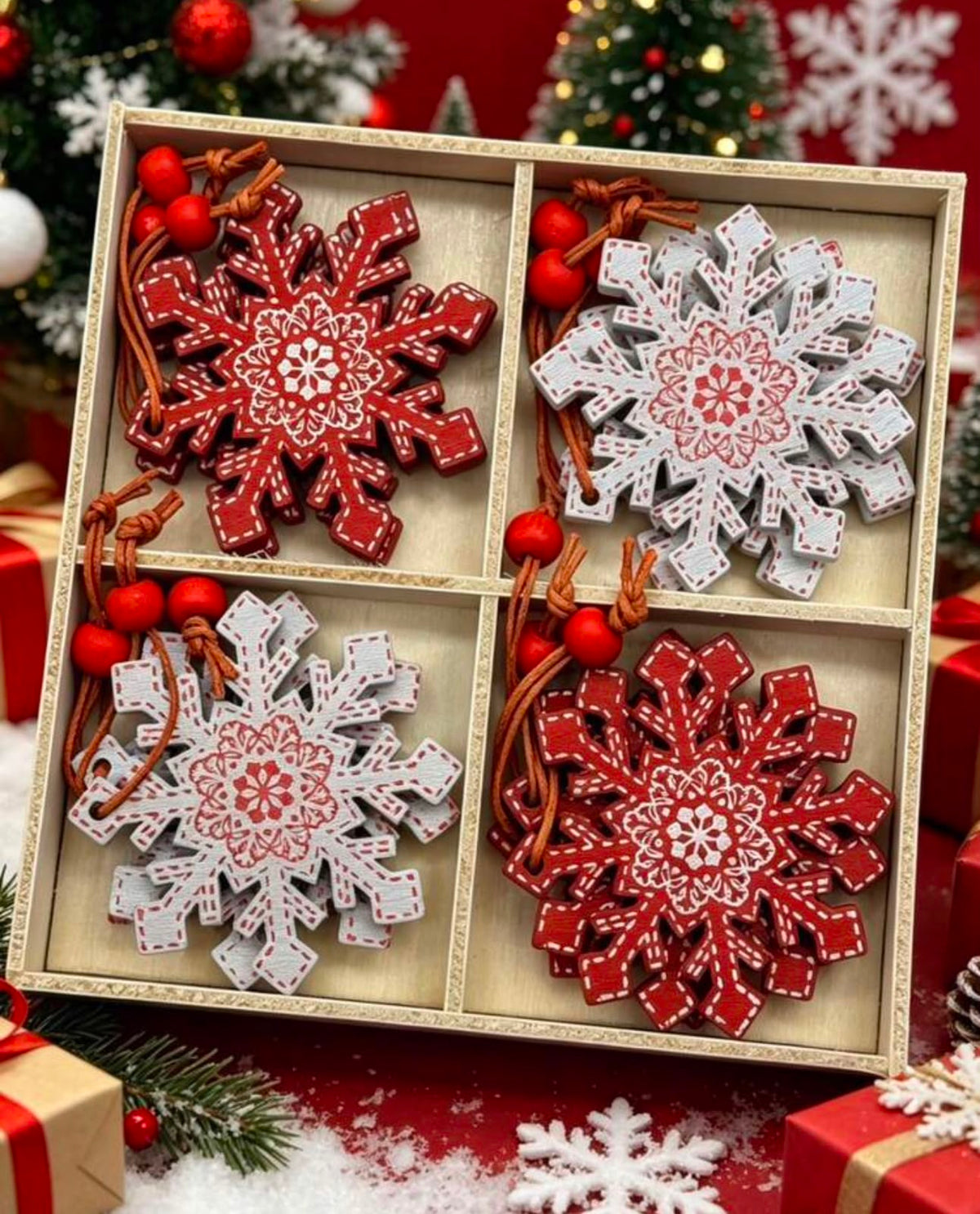 Set of 12 Christmas snowflake ornaments in gift box - red and white