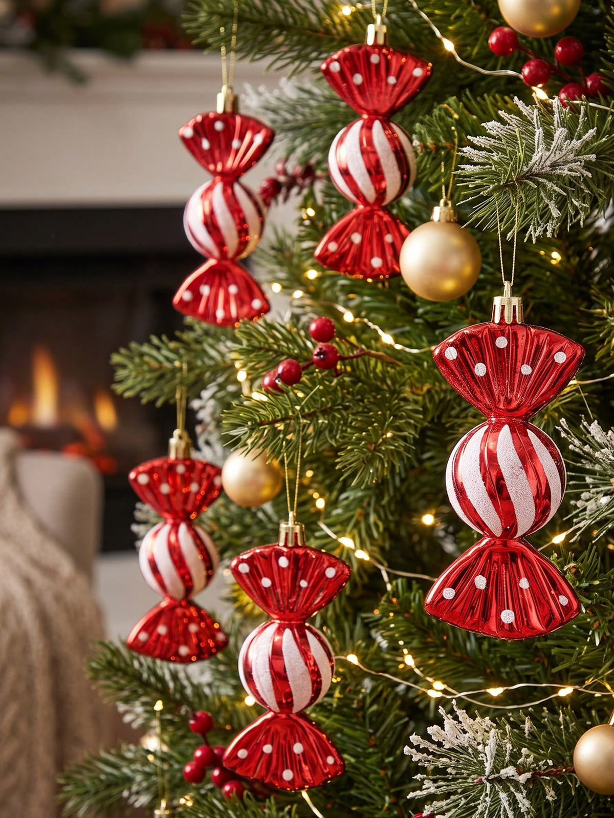 Red and white candy ornaments hanging on Christmas tree by fireplace