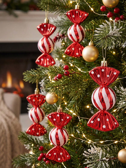 Red and white candy ornaments hanging on Christmas tree by fireplace