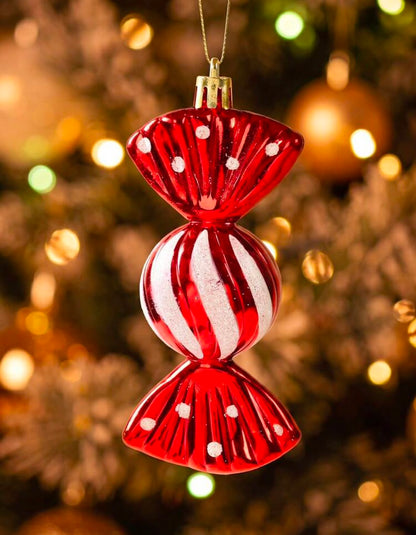 Close-up of red and white striped candy Christmas ornament