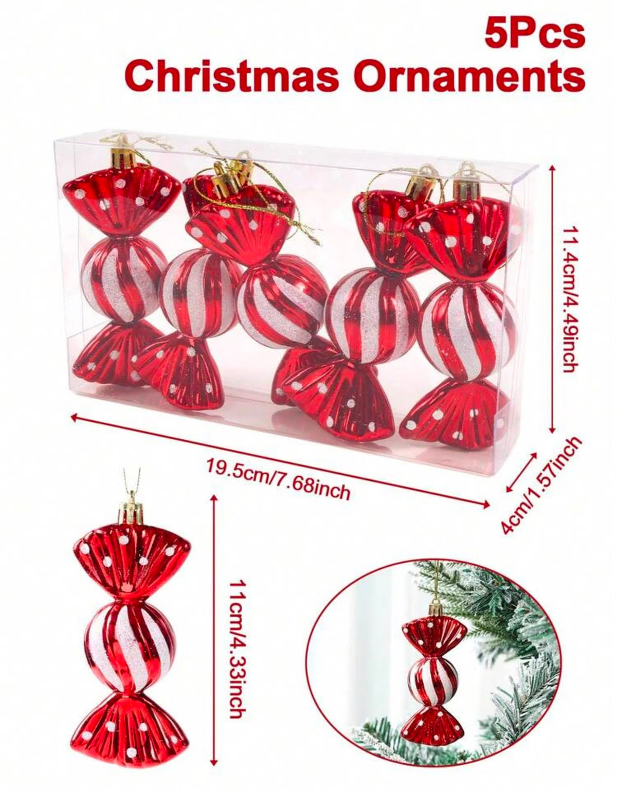 Set of 5 Christmas candy ornaments dimensions - 11cm each