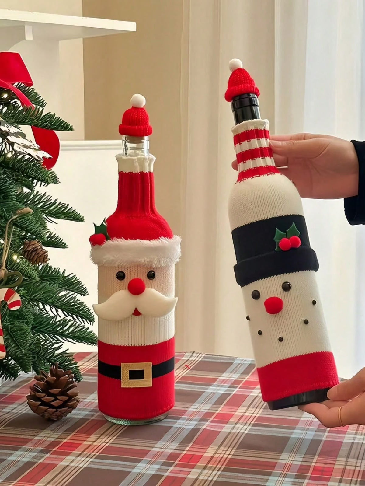 Santa and Snowman Christmas wine bottle covers close up