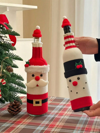 Santa and Snowman Christmas wine bottle covers close up