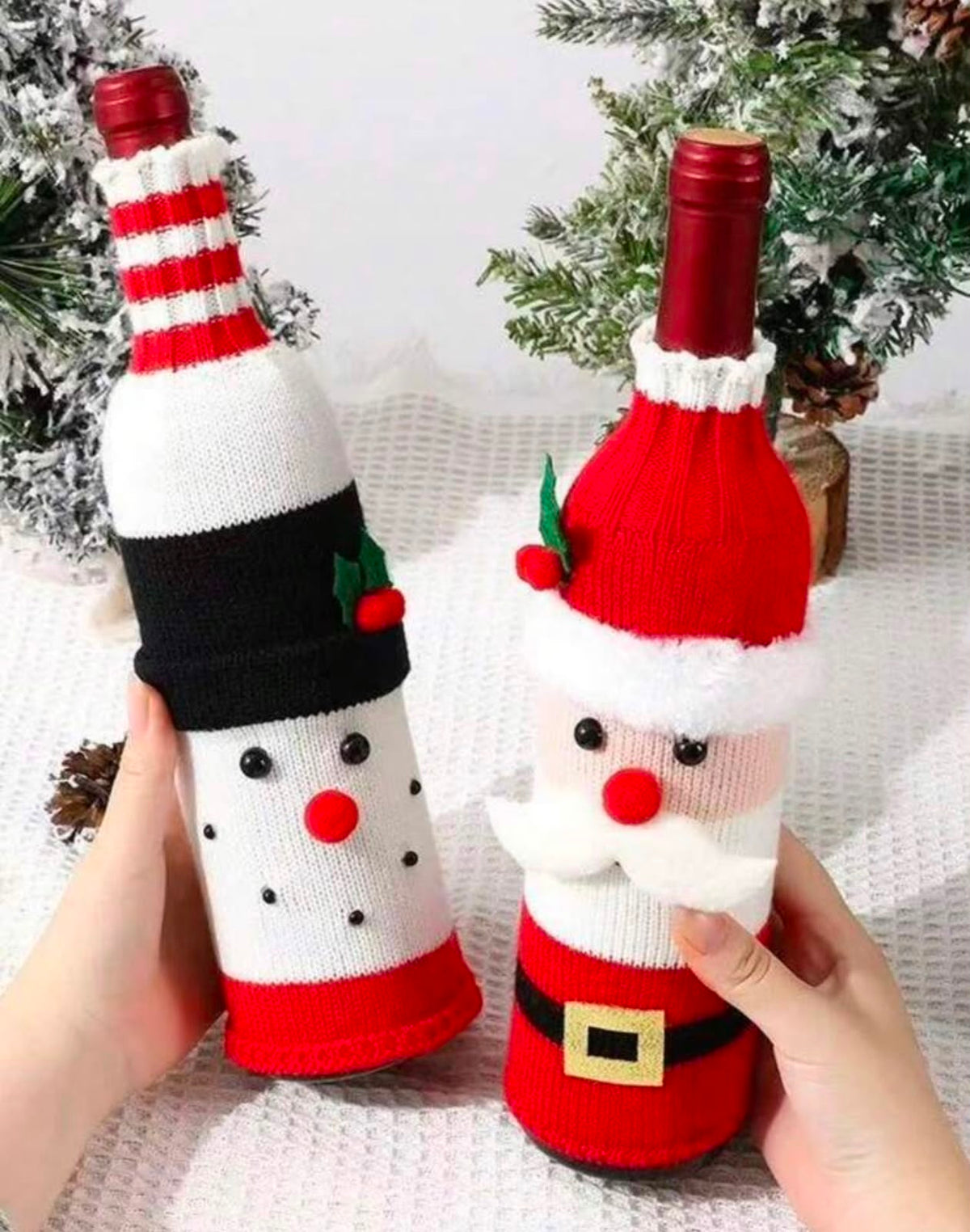 Snowman and Santa Christmas wine bottle covers held up close