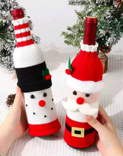 Snowman and Santa Christmas wine bottle covers held up close