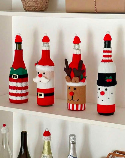 4 Christmas wine bottle covers on white shelf display