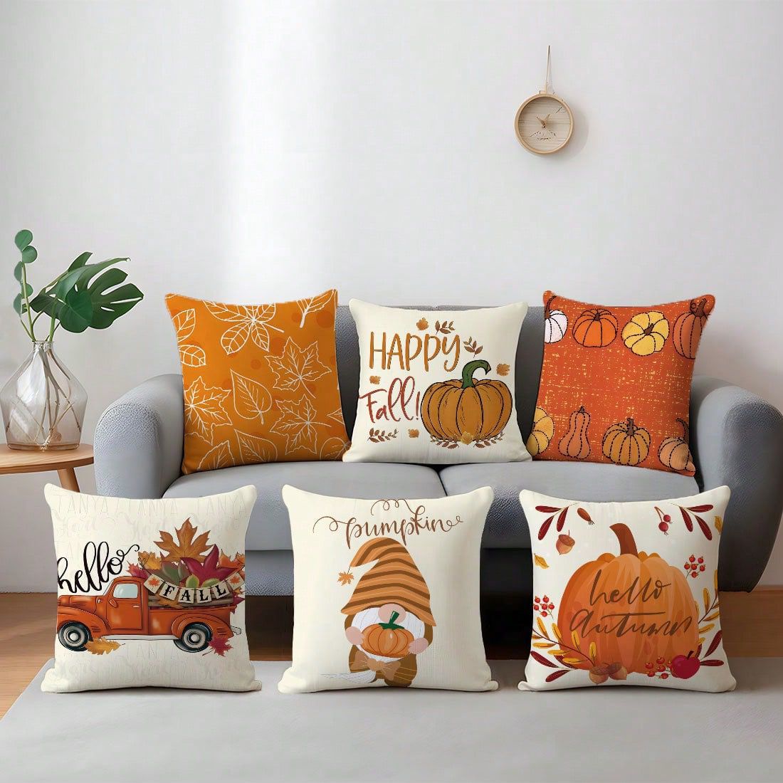 Set of 6 fall pillow covers styled on grey sofa - maple leaves, Happy Fall, pumpkin patch, Hello Fall truck, pumpkin gnome, Hello Autumn