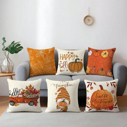 Set of 6 fall pillow covers styled on grey sofa - maple leaves, Happy Fall, pumpkin patch, Hello Fall truck, pumpkin gnome, Hello Autumn