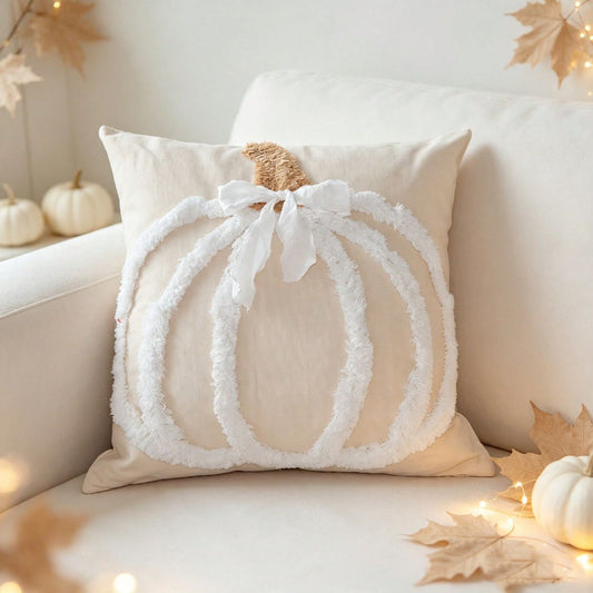 Tufted white pumpkin pillow cover - Design A: single large pumpkin with white bow and jute stem on cream sofa