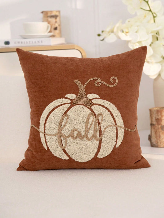 Tufted fall pumpkin pillow cover in rust orange - chenille cream pumpkin with gold fall script