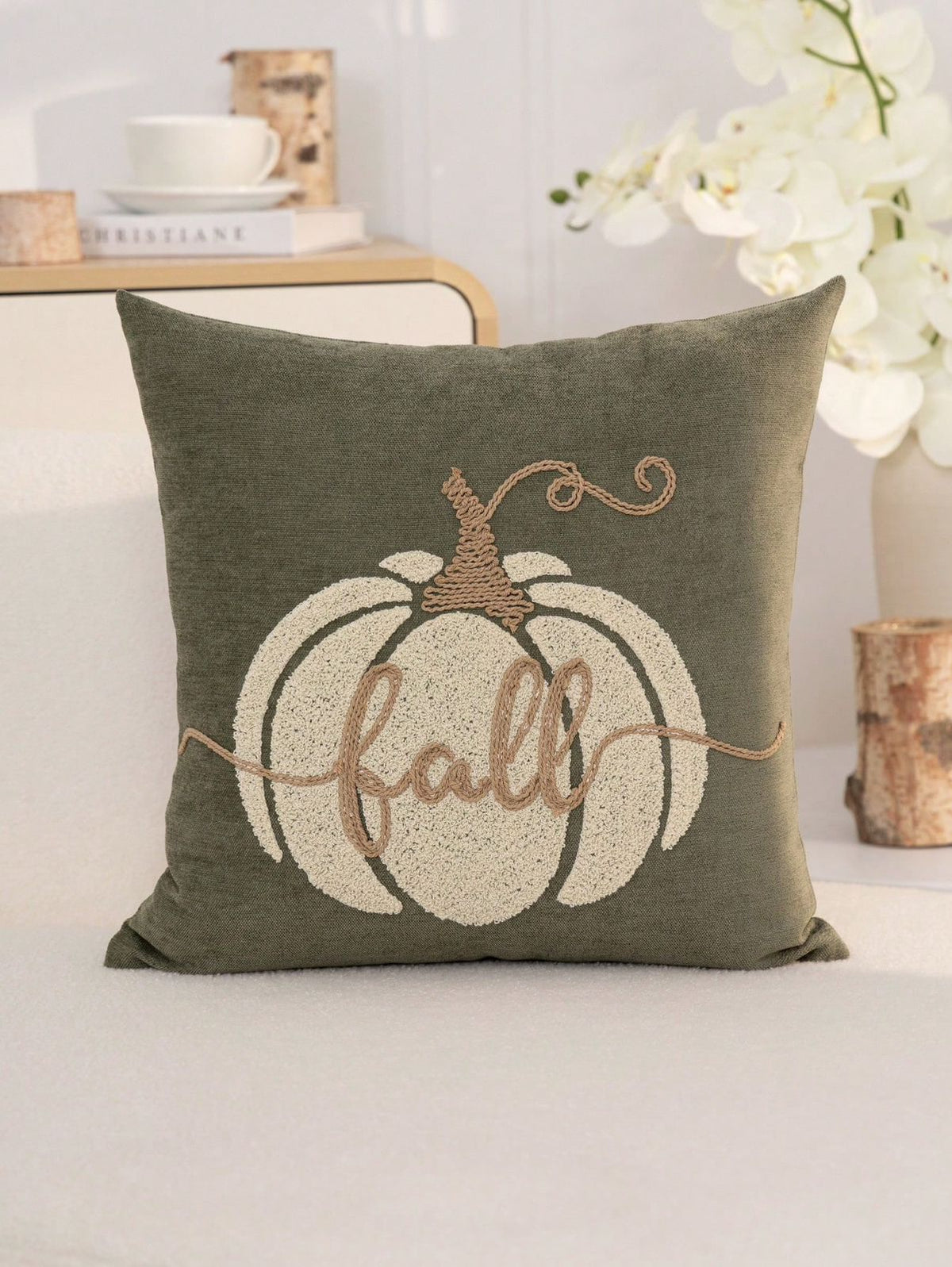 Tufted fall pumpkin pillow cover in olive green - chenille cream pumpkin with gold fall script