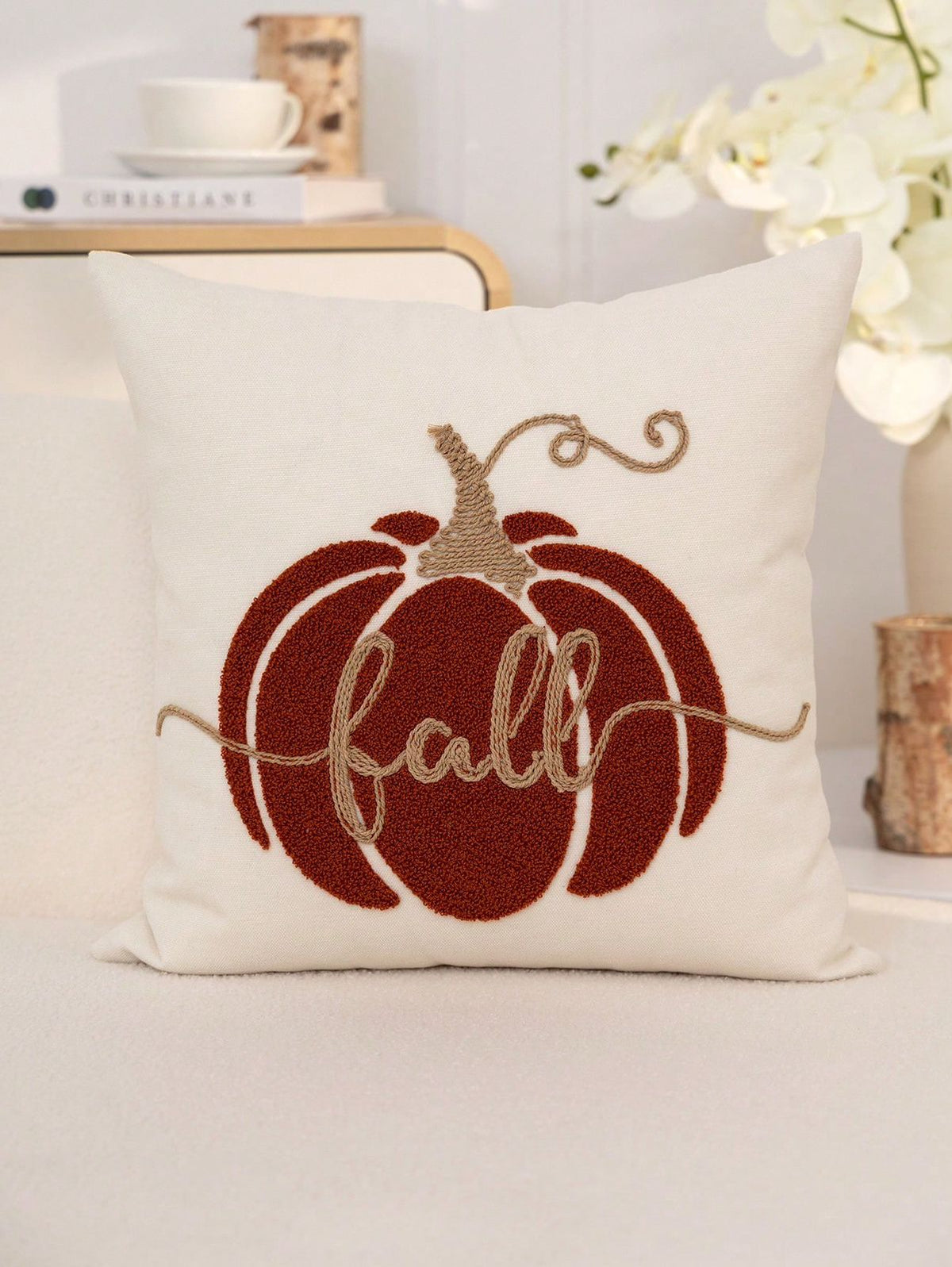 Tufted fall pumpkin pillow cover in cream - chenille rust pumpkin with gold fall script