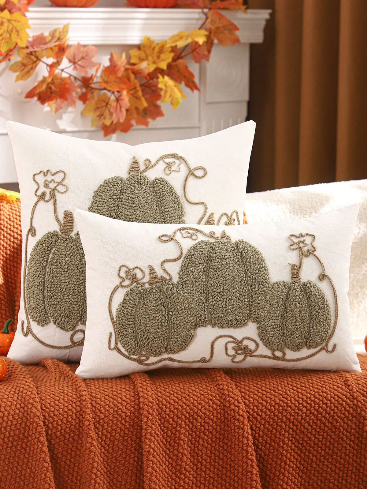 Chenille pumpkin patch pillow covers in sage green - square and lumbar sizes styled together