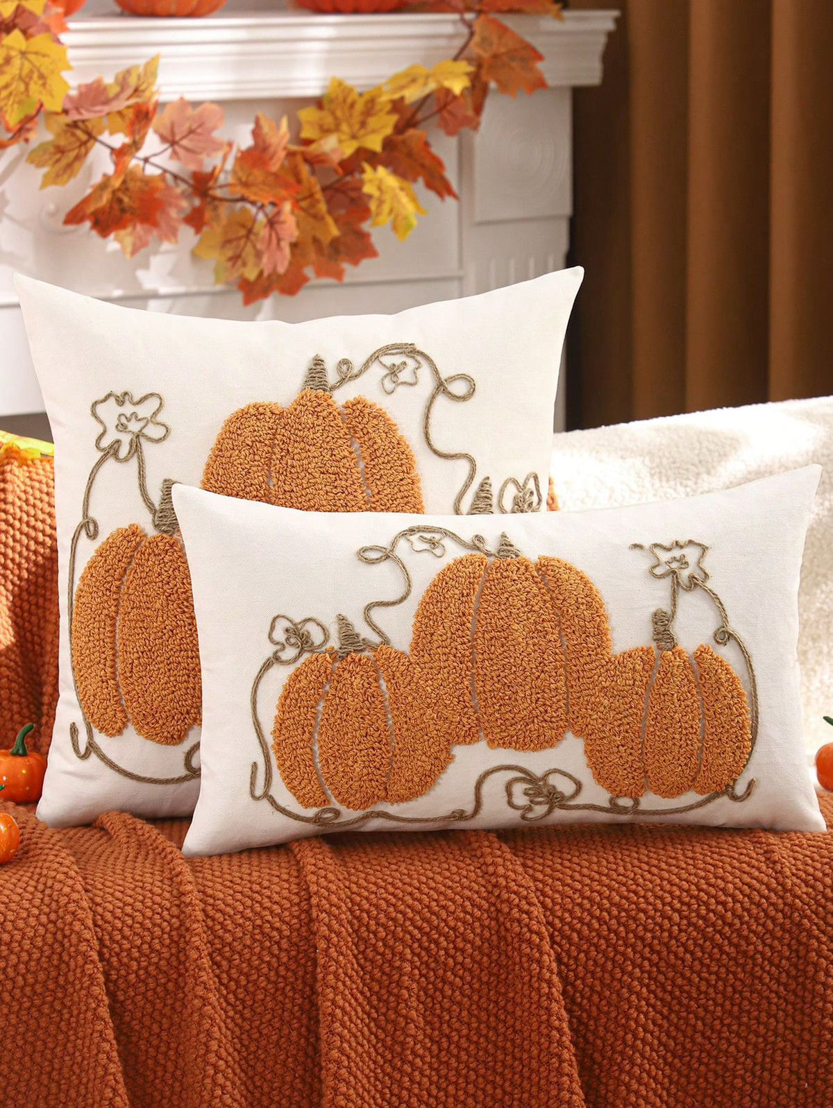 Chenille pumpkin patch pillow covers in pumpkin orange - square and lumbar sizes styled together
