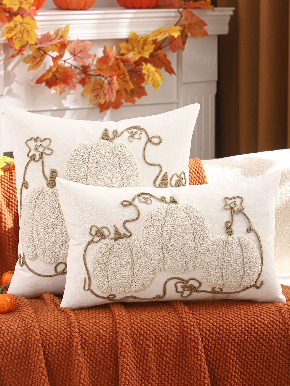 Chenille pumpkin patch pillow covers in cream - square and lumbar sizes styled together