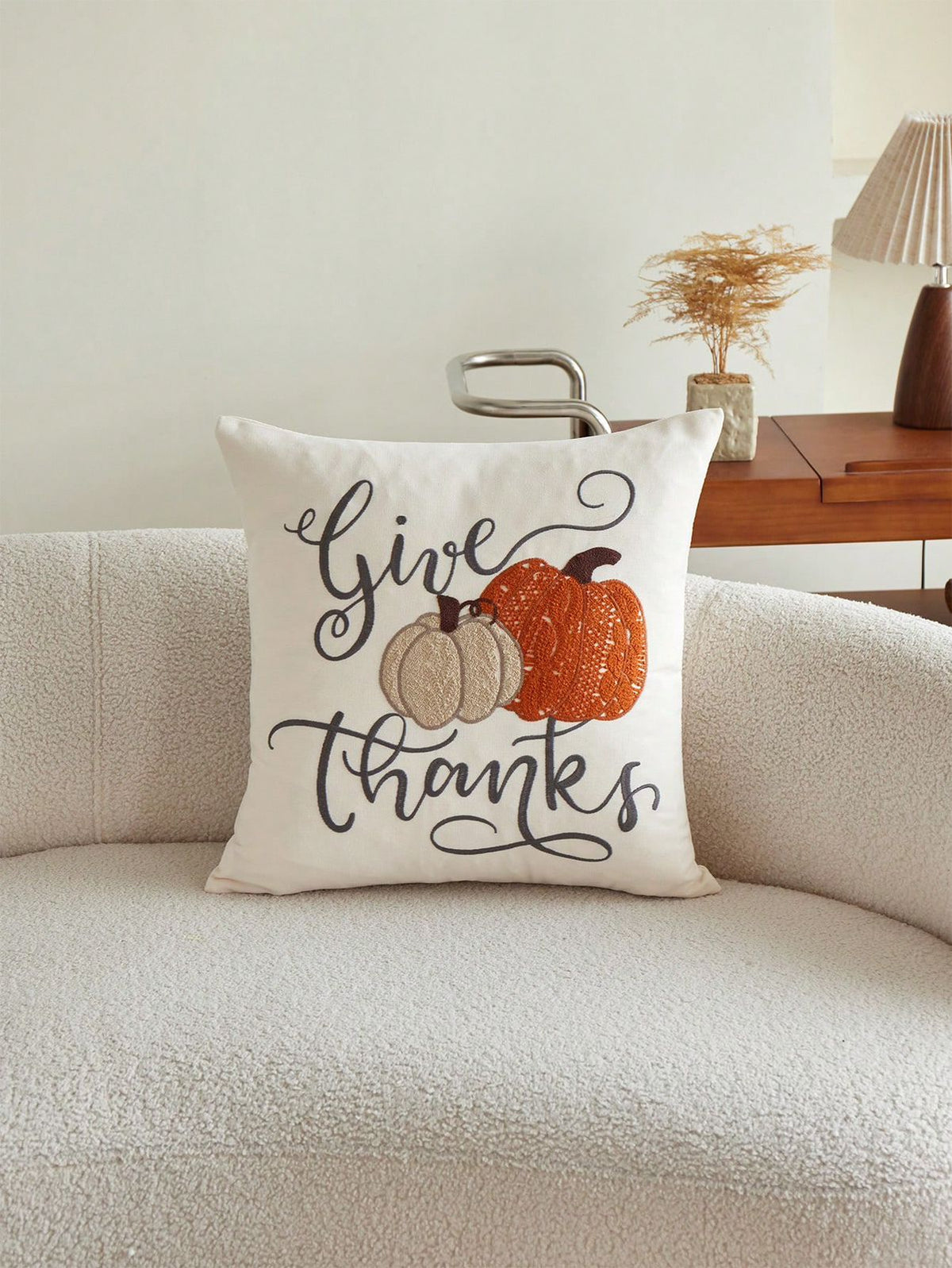 Embroidered Give Thanks pillow cover - Design C: cursive Give Thanks script with tufted cream and orange pumpkins