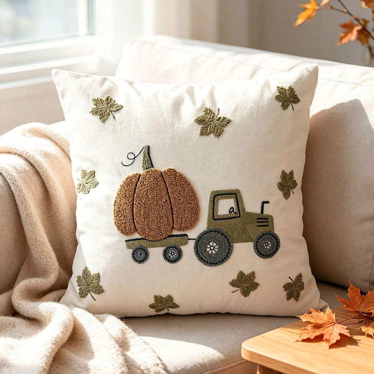 Embroidered pumpkin tractor pillow cover - Design A: chenille pumpkin on green tractor with sage maple leaves