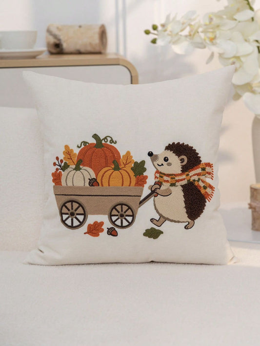 Embroidered hedgehog harvest pillow cover - Design B: hedgehog pulling pumpkin wagon with fall leaves